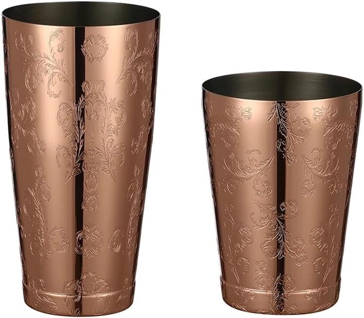 Stainless Steel Boston Shaker with Etched Pattern Weighted Shaking Tin Set (Leaf CopperPlated)