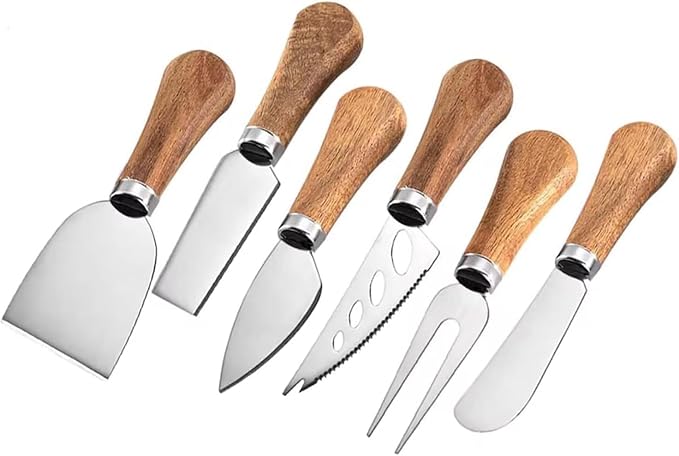 YUANQIAN Cheese Knife Set with Acacia Wood Handles - Cheese Knife, Spreader, Fork, Slicer - Mini Stainless Steel Cheese Tools for Charcuterie Boards (6Pcs/Set, S)