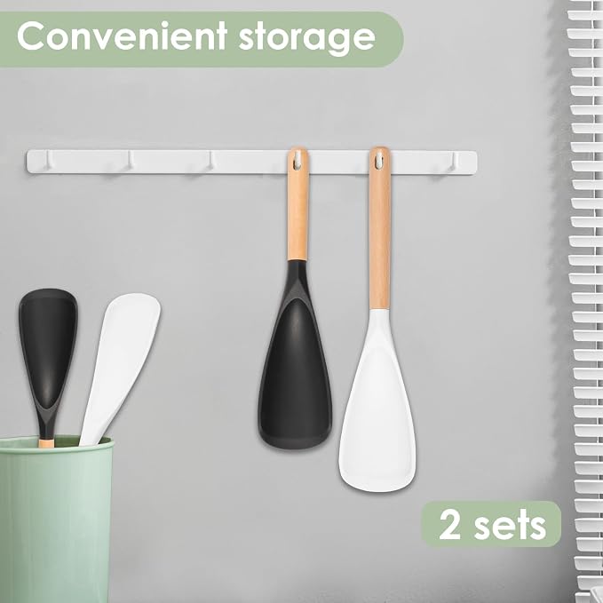 4Pcs Silicone Spatula Set with Wooden Handle, Black White Cooking Spoon Spatula Multipurpose Kitchen Utensils for Mixing, Scraping, Serving, Heat Resistant, Non-Stick Safe, 2 Large 2 Small