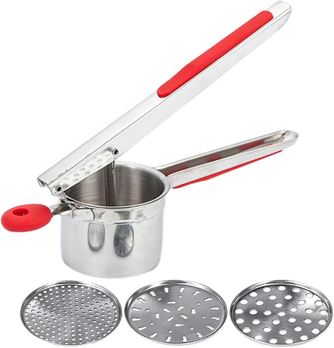 Potato Ricer,Stainless Steel Potato Masher with 3 Interchangeable Discs,Ricer for Mashed Potatoes,Mashed PotatoMasher for Commercial Home Use,Potatoes Press Kitchen Gadget,Red