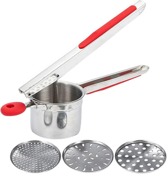 Potato Ricer,Stainless Steel Potato Masher with 3 Interchangeable Discs,Ricer for Mashed Potatoes,Mashed PotatoMasher for Commercial Home Use,Potatoes Press Kitchen Gadget,Red