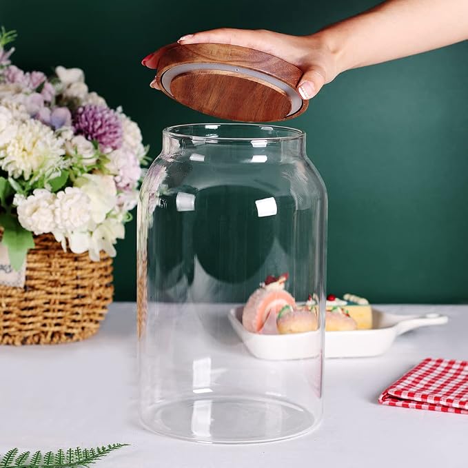 SAIOOL 1 Gallon Glass Jar with Wooden Acacia Airtight Lid, Set of 2