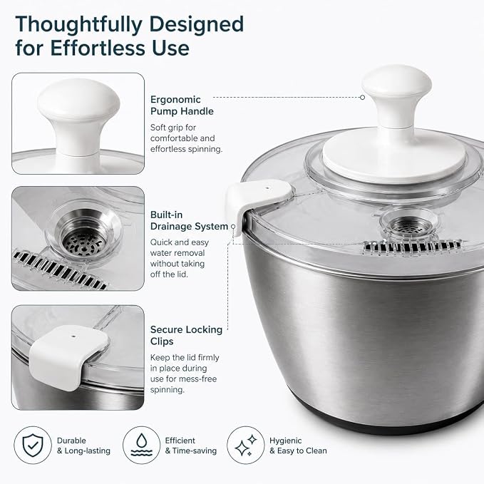 Stainless Steel Salad Spinner Large Capacity 5Qt – Hand Crank Vegetable Washer & Dryer with One-Touch Stop, Drainage Spout, Non-Slip Base – Dishwasher Safe Kitchen Tool for Lettuce & Fruit