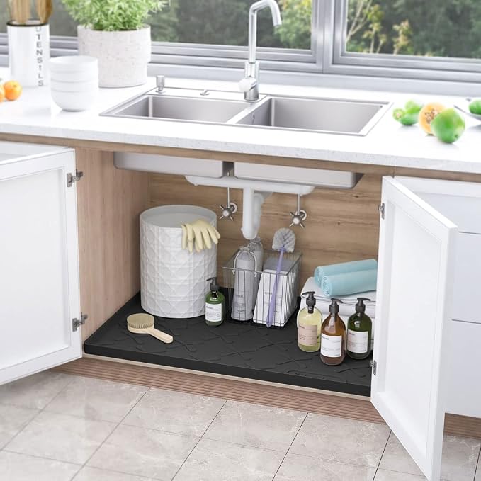 Waterproof Under Sink Mat 22" x 22" Silicone Mat Cabinet Protector | Heavy Duty Kitchen Cabinet Liner, Easy Press Drain, Home Essentials for Pet Feeding, Boots, Bathroom, Organizers & Storage