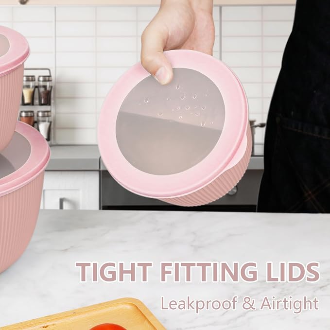 BoxedHome 4.97 Quarts Mixing Bowls with Lids Set, 4 Packs BPA-Free Plastic Prep Bowls for Kitchen, Dishwasher & Microwave Safe, Pink