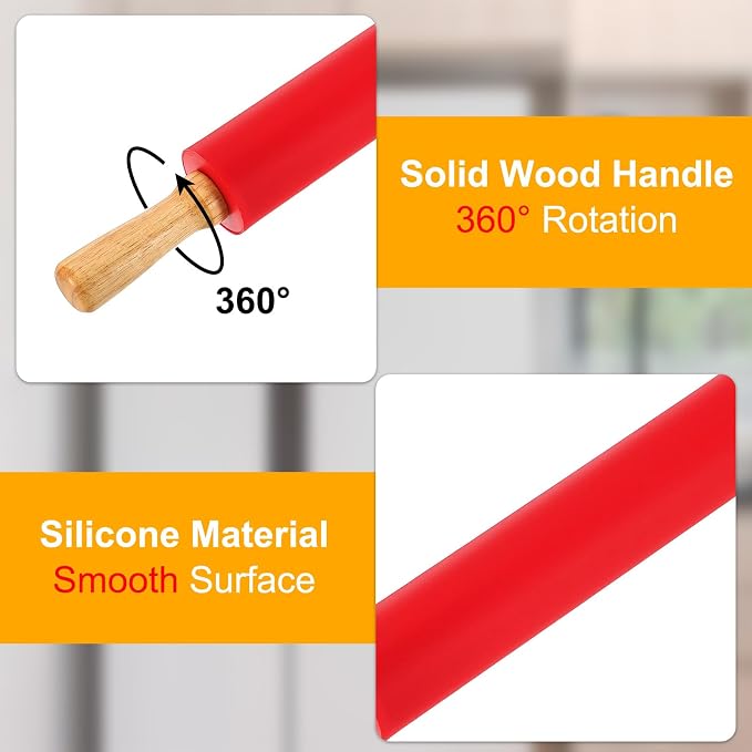 uxcell 9.6 Inch Silicone Rolling Pin, Small Dough Roller with Wood Handle for Pizza Pastry Fondant Kitchen, Red
