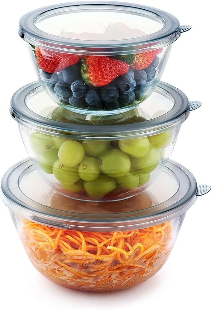 Cuiselect 3pc Glass Mixing Bowls with Lids Set (1.64QT, 1.16QT, 0.85QT), Thick Salad Bowl, Nesting Glass Mixing Bowl for Cooking, Baking, Prepping-Dishwasher Microwave Freezer Safe