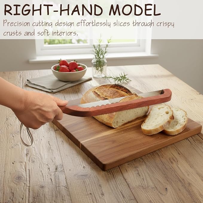 Bread Knife for Sourdough - Right-Handed Serrated Bread Slicer with 2 Blades, Cuts to Bottom for Perfect Slices, Sapele Wood Handle & Storage Pouch