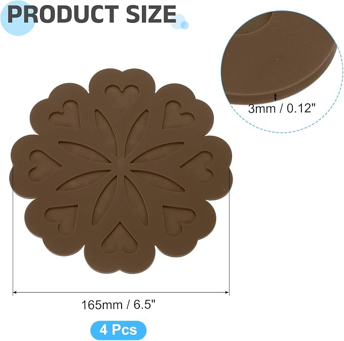 uxcell 4Pcs Silicone Trivet Mats, Flower Pattern Silicone Pad Hot Pad Pan Protectors Table Protector Heat Resistant Mat for Countertop, Hot Dishes, Hot Pots and Pans, Brown
