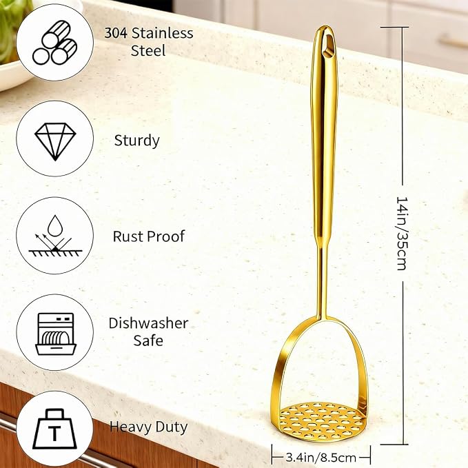 Potato Masher Stainless Steel, 14 Inch Potato Smasher - Kitchen Essential for Mashed Potatoes, Pumpkin, Carrots, Avocado & Fruits, Heavy Duty Metal Mashing Utensil (Gold)