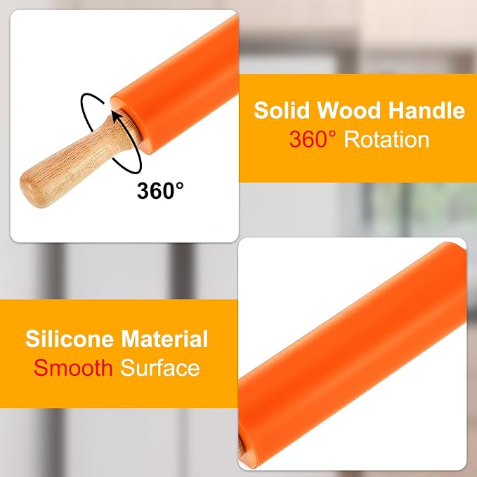 uxcell 7.5 Inch Silicone Rolling Pin, Small Dough Roller with Wood Handle for Pizza Pastry Fondant Kitchen, Orange