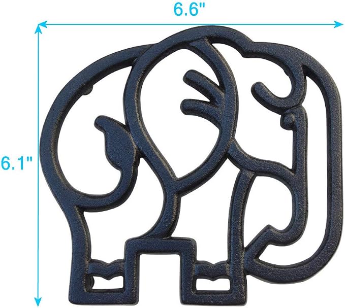 Elephant Cast Iron Trivet for Hot Pots & Kitchen & Dining Table, Elephant Gifts & Decor, Metal Wall Art, 2 or More for Set, Black, 6.6 x 6.1 Inches