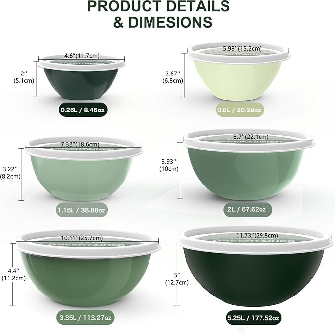 Greentainer Plastic Mixing Bowls with Lids Set for Kitchen, 6 Set Nesting Bowls for Mixing, Baking, Prepping, Cooking and Serving Food, Mixing Bowls Dishwasher, Microwave Safe