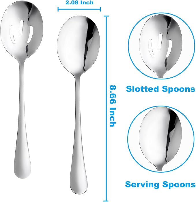 12 Pieces Serving Spoon Set, 8.7 Inch, Includes 6 Serving Spoons and 6 Slotted Spoons, Large Stainless Steel Buffet Banquet Utensils Cutlery Set for Home, Kitchen, Silver