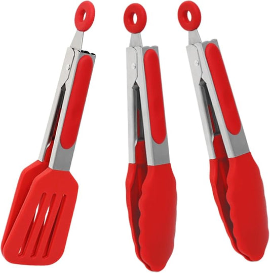 7 inch Small Serving Tongs with Silicone Tips 3 Pack(Red) | Stainless Steel Handle, Non-Scratch, Heat Resistant