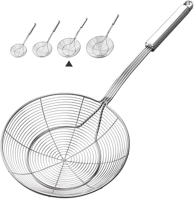 YFWOOD 7 Inch Spider Strainer Skimmer, Slotted Spoon for cooking | Reinforced Double Coil Wire Skimmer with Handle Stainless Steel Strainer Ladle ,for Kitchen Deep Frying Food Spaghetti Noodle
