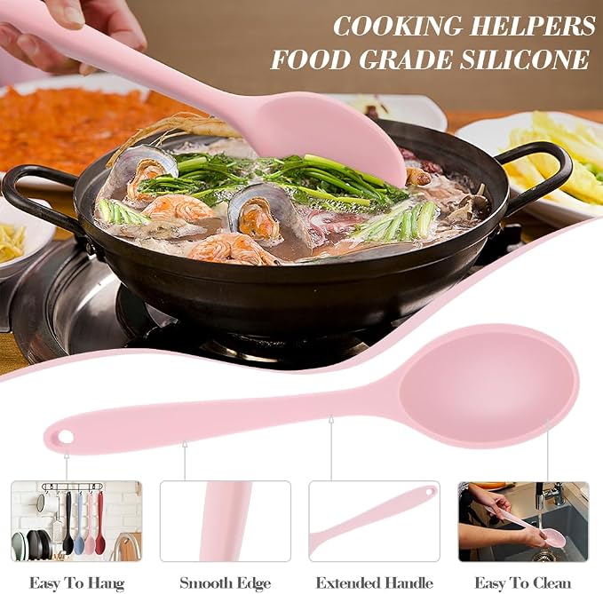 Silicone Spoons for Cooking, 4 Pcs Large Serving Spoon Heat Resistant Cooking Spoon Nonstick Mixing Kitchen Spoons for Cooking Baking Serving Mixing and Stirring Dishwasher Safe,Red, Black, Pink, Gray