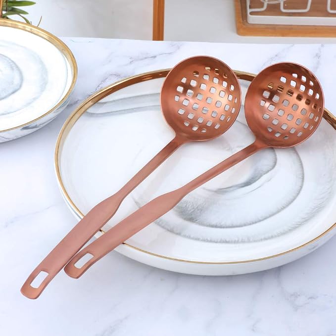 Buyer Star 2 Pcs Soup Ladle Colander, Rose Gold Cookware Serving Long Handle Steel Slotted Spoon Cooking Utensil Set for Hotpot