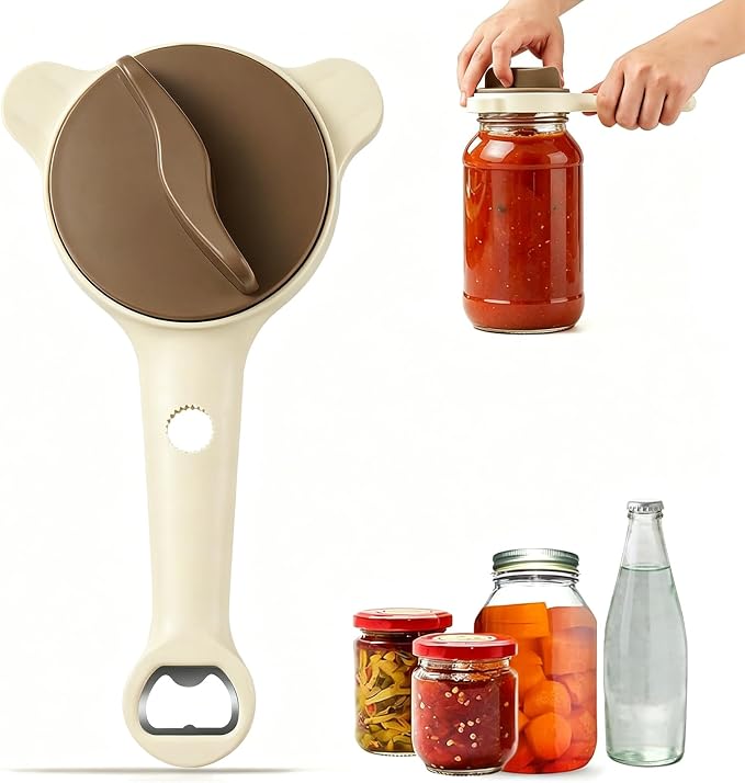 Adjustable Jar Opener with 3-Claw Grip and Bottle Opener | Plastic body,metal contact teeth,adjustable three-point grip,long lever handle,built-in bottle-cap opener,1piece