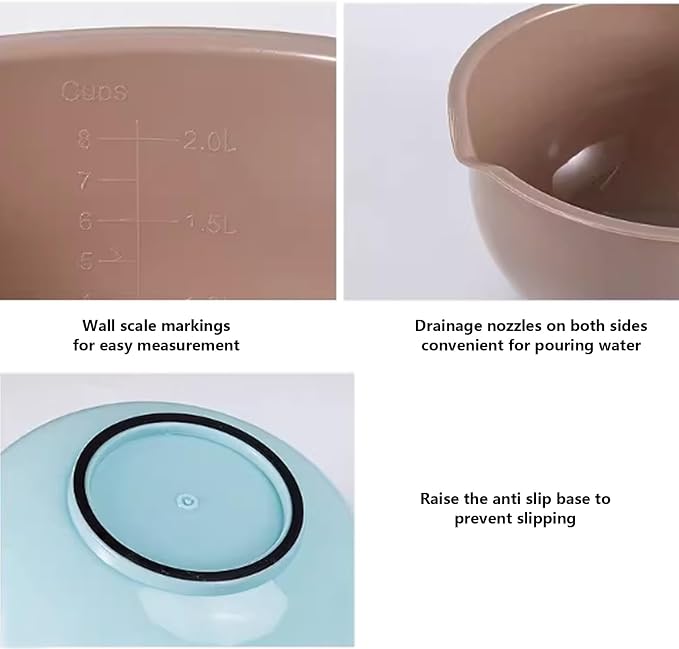 Nesting Plastic Mixing Bowls, Set Of 3, 1.5 quart, 2 quart, 2.5quart, Nesting Bowls with Non Slip Base and Easy Pour Spout, Dishwasher Safe