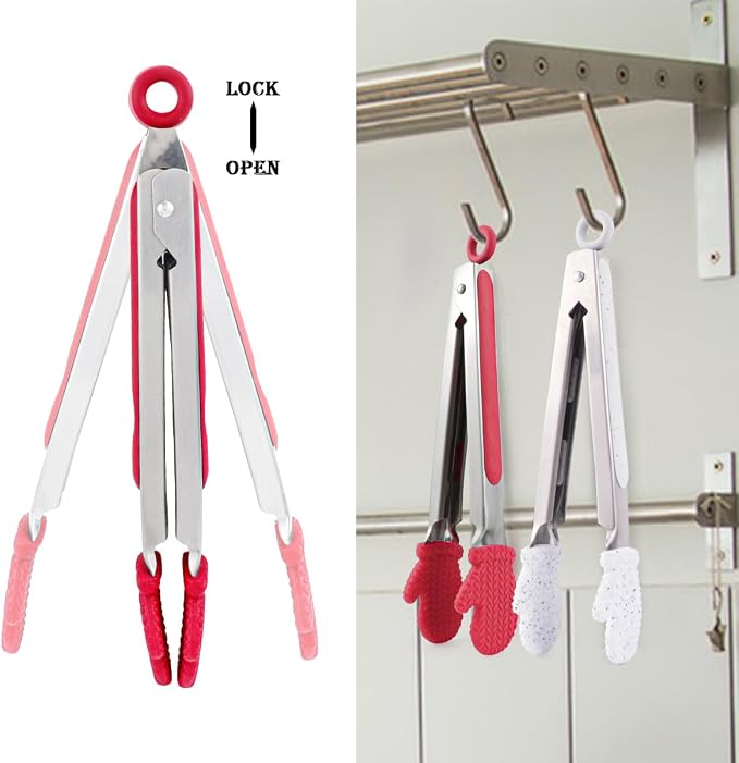 Kitchen Tongs for Cooking Non Stick Cooking Tongs Silicone Tongs Kitchen Tongs with Silicone Tips Stainless Steel Tongs (Red)