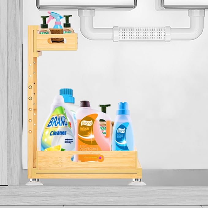 Banlilu Under Sink Organizer, Pull Out Cabinet Organizer, 2 Tier Slide Out Sink Shelf Cabinet Storage Shelves, Storage for Kitchen Bathroom, Natural Premium Bamboo Wood