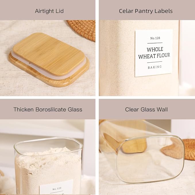 3 Pack Square Glass Pantry Storage Containers with 132 Kitchen Food Pantry Labels - 51 floz Clear Glass Pantry Jars with Airtight Wood Bamboo Lids - Glass Canisters for Candy, Cereal, Coffee, Spice