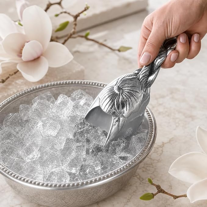 Arthur Court Magnolia Ice Scoop - Premium Sand Casted Aluminum - Elegant Ice Serving Tool - 8" Long