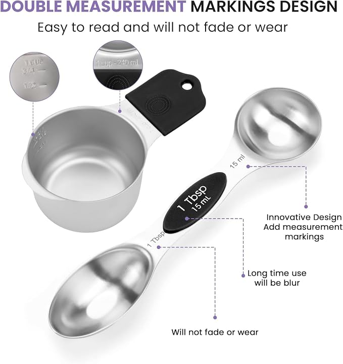 Magnetic Measuring Cups and Spoons Set, N52 Magnetic spoons Nesting Design, 304 Stainless Steel measuring cups, BPA Free, Dual-sided Design Set of 15 with Leveler for Dry & Liquid Ingredients Black