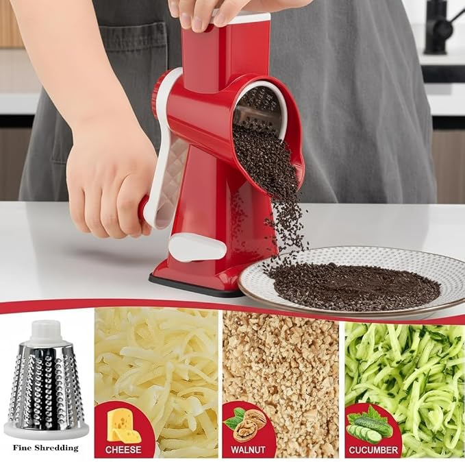 YOUCZON Rotary Cheese Grater Multi-Purpose Stainless Steel Cheese Shredder | rotary grater with strong suction, ergonomic handle and food pusher for fast, safe slicing and shredding.