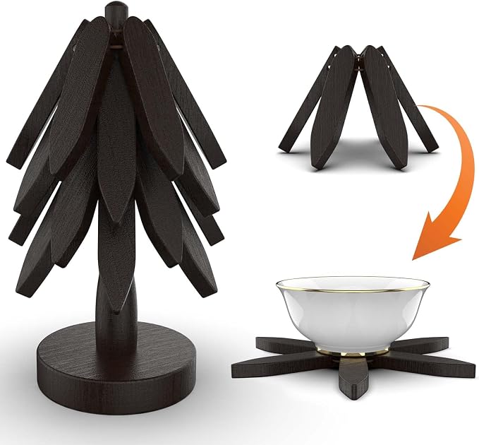 Wooden Trivets for Hot Dishes,Tree Shape Trivet Set, 4 Wooden Trivets+1 Stand, Natural FoldableKitchen Wooden Trivet for Hot Dishes、Pot、Bowl、Teapot、Hot Pot Holders (Black)