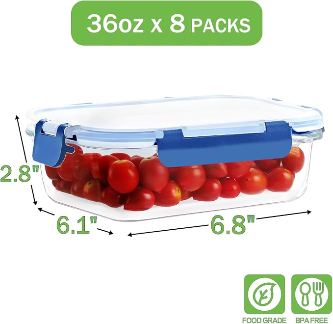 8-Pack 36oz Large Glass Meal Prep Containers with Leakproof Snap-Lock Lids | Borosilicate Glass Food Storage Containers and Bento Boxes , BPA-Free, Oven, Freezer and Dishwasher Safe-Deep Blue