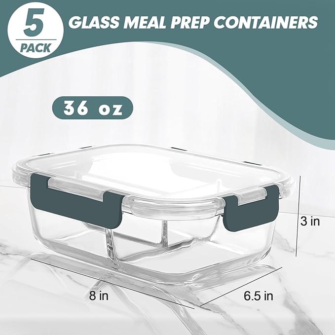 Glass Meal Prep Containers 3 Compartments, 5 Pack 36 oz | Glass Food Storage Containers with Lids, Airtight Lunch Bento Box, Portion Control, Freezer and Microwave Safe