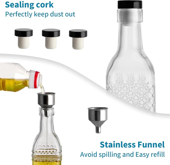 MDLUU Oil and Vinegar Dispenser Set, 17oz Clear Glass Olive Oil Bottles, Kitchen Vinegar Decanters with 3 Spouts, 3 Plugs, 1 Funnel, Pack of 3