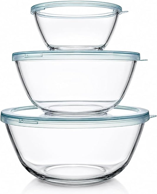 Luvan Glass Mixing Bowls with Lids Set(4.5QT, 2.7QT, 1.1QT)-Large Glass Mixing Bowls, Clear Salad Bowl for Baking, Cooking, Serving, Food Prep, 3PC Nesting Bowls for Kitchen Storage & Dishwasher Safe