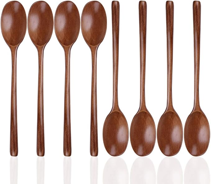 8 Pieces Wood Soup Spoons, DaKuan Wooden Ladle Spoon Set for Cooking Mixing Stirring Honey Tea Soda Dessert Coconut Bowl Nonstick Pots Kitchen- 9 Inch