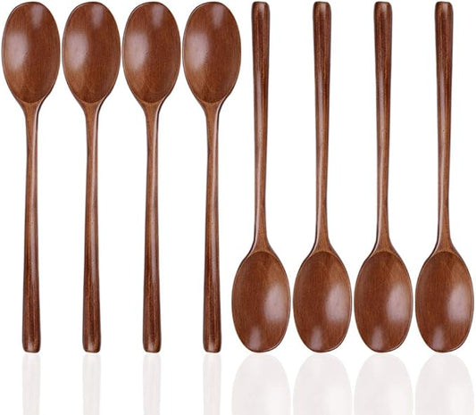 8 Pieces Wood Soup Spoons, DaKuan Wooden Ladle Spoon Set for Cooking Mixing Stirring Honey Tea Soda Dessert Coconut Bowl Nonstick Pots Kitchen- 9 Inch