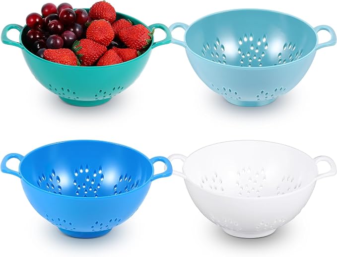 Baderke 4 Pack Mini Colander for Kitchen Plastic Berry Strainer with Double Handles 7.5 x 6 x 3 Inch Small Colander Strainer for Fruits Vegetables Food (Light Blue,Army Green,White,Blue)