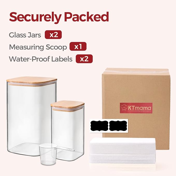 Glass Flour Containers with Bamboo Lids 1.6/4.6 Qt 2 Pack | Wide Mouth, Scoop Included, Kitchen Organizer，Flour Sugar Coffee Beans Pasta Cereal Dry Food Storage