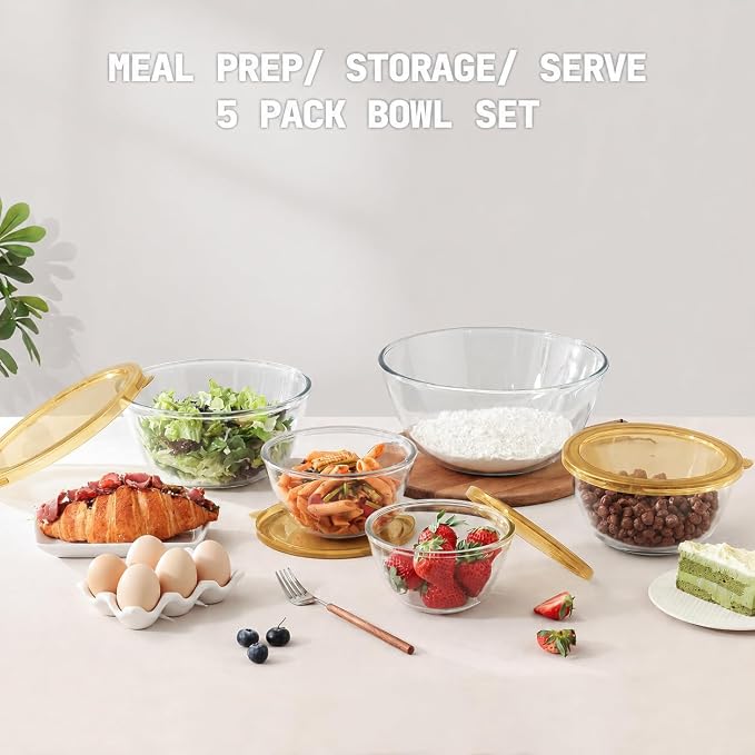 Cuiselect 5pc Glass Mixing Bowls with Lids Set (4.65QT, 2.80QT, 1.64QT, 1.16QT, 0.85QT), Nesting Salad Bowl, Glass Mixing Bowl for Cooking, Baking, Prepping-Dishwasher Microwave Freezer Safe(Brown)