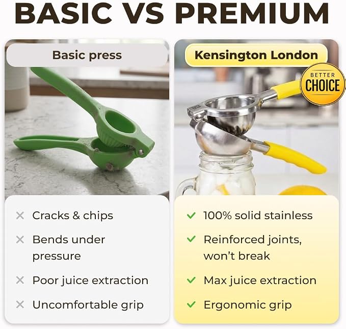 Stainless Steel Lemon Squeezer Press - No Seeds, Pro-Grade, Effortlessly Get Every Drop - Manual Non-Slip Grip Design - Lemon Lime Squeezer, Orange, and Citrus Fruit Hand Held Lemon Juicer Squeezer