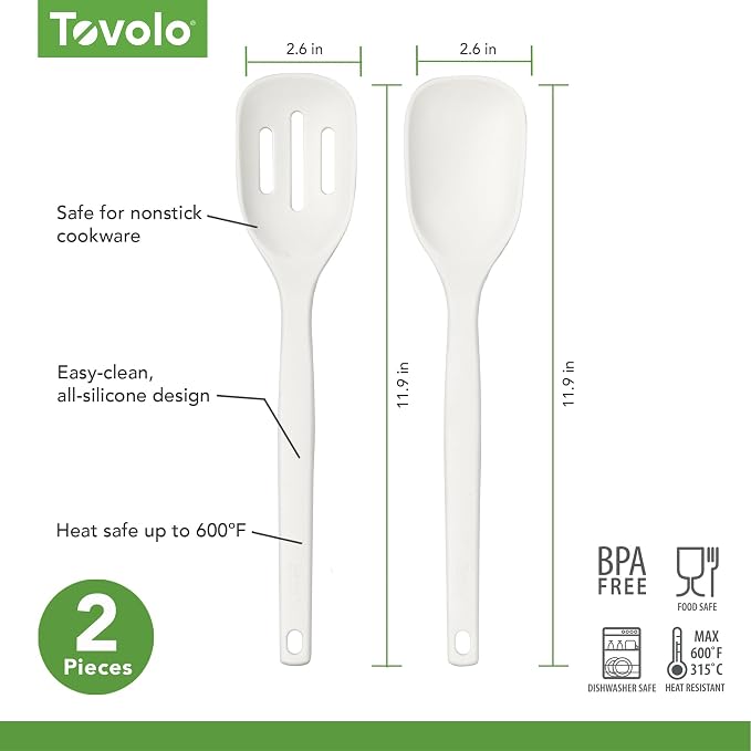 Tovolo Elements Silicone Spoon Set of 2 Mixing and Slotted Spoon Bundle for Non Stick Cooking Mixing Serving, Dishwasher Safe Heat Resistant Slotted Spoon and Mixing Serving Spoon, Buttercream