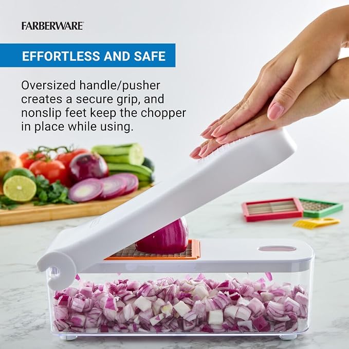 Farberware Professional Large Vegetable Chopper with 3 Interchangeable Blades - Manual Onion Chopper, Food Dicer for Potatoes, Tomatoes, Peppers, Garlic - Stainless Steel, Dishwasher Safe