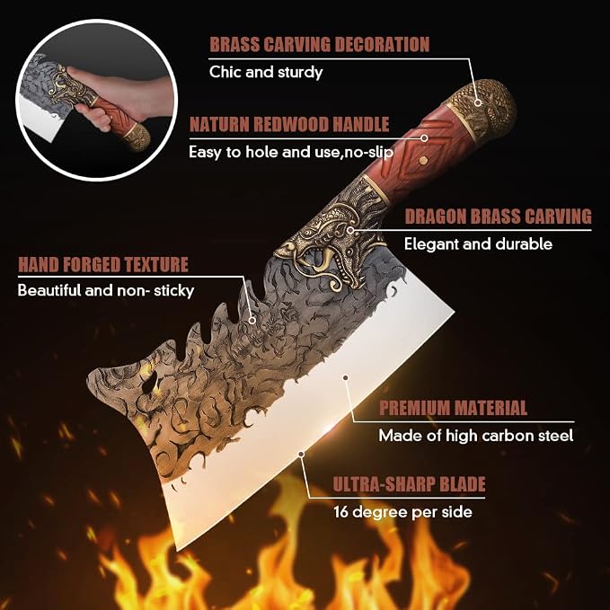 ROCOCO Cleaver Knife Meat Cutting Heavy Duty Bone Butcher Chopper Large Hand Forged Chinese Dragon Viking Cutter for Kitchen Outdoor with Sheath Birthday Father Mother Christmas Gift Men 8.6"