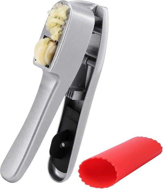 Garlic Press and Peeler Set - Silicone Garlic Peeler Tube Roller and Aluminium Garlic Press with Built-In Cleaning Tool Garlic Crusher, Mincer & Peeler for Unpeeled Garlic Cloves