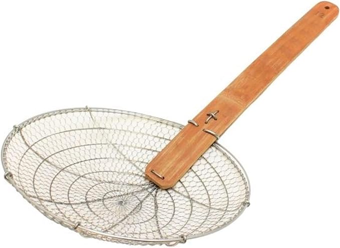 TrueCraftware- 12” Fine Mesh Skimmer with Natural Bamboo Handle- Spider Strainer Ladle Kitchen Frying Food Pasta Spaghetti for Cooking and Frying Pasta Strainer Spoon