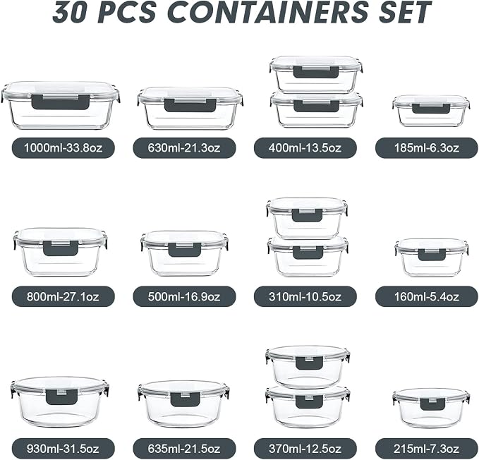 VERONES 30 Pieces Glass Food Storage Containers Set with Lids, Grey | Stackable Glass Meal Prep Containers Set with Lids, Airtight Lunch Containers, for Microwave, Oven, Freezer & Dishwasher