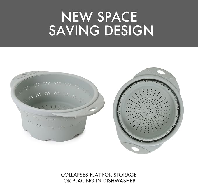Dexas 10" Collapsible Silicone Colander in Sage, Kitchen Strainer with Handles, 15.1 Cup Capacity | BPA-Free, Heat-Resistant, Space-Saving Kitchen Tool