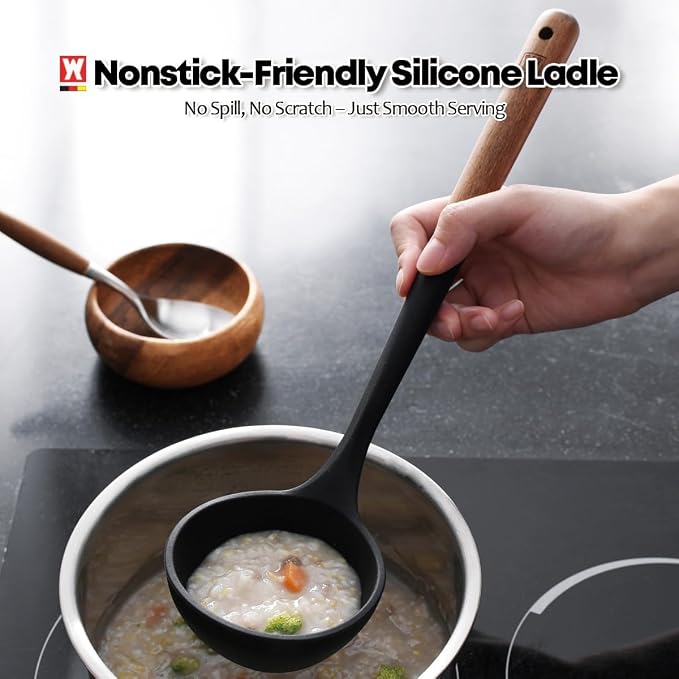 WAGENSTEIGER Set of 2pc Silicone Cooking Utensils: Wooden Handle Ladle + Long Head Serving & Cooking Spoon, Heat Resistant, BPA Free, Scratch-Resistant Surface Design
