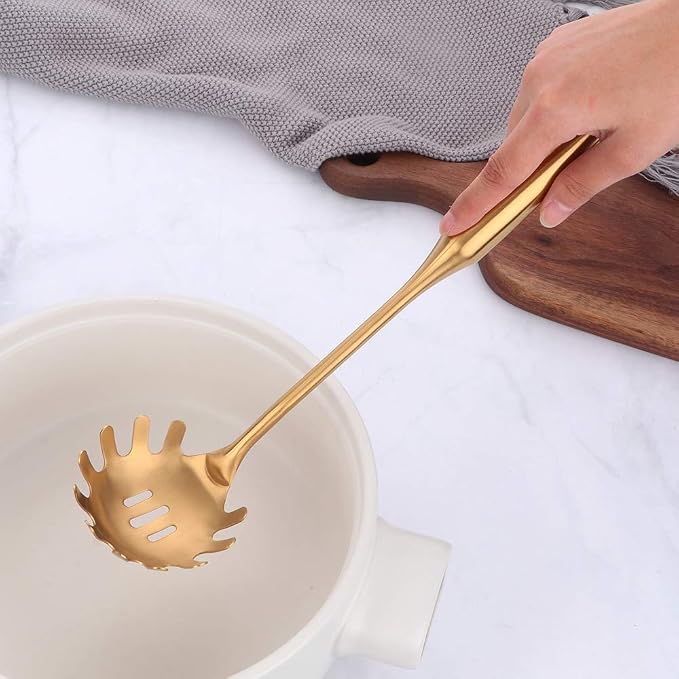 Stainless Steel Pasta Spoon Server,Kitchen Pasta Server, Ergonomic Handle & Heat Resistant Design - Kitchen Spaghetti Server Fork For Noodles, Pasta, More (gold)